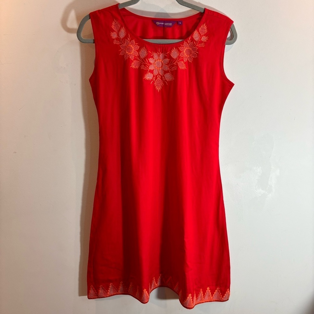 PRETTY WOMAN Sz S Unlined Flowy Enbroidered Sleeves Crew Neck Mini Dress